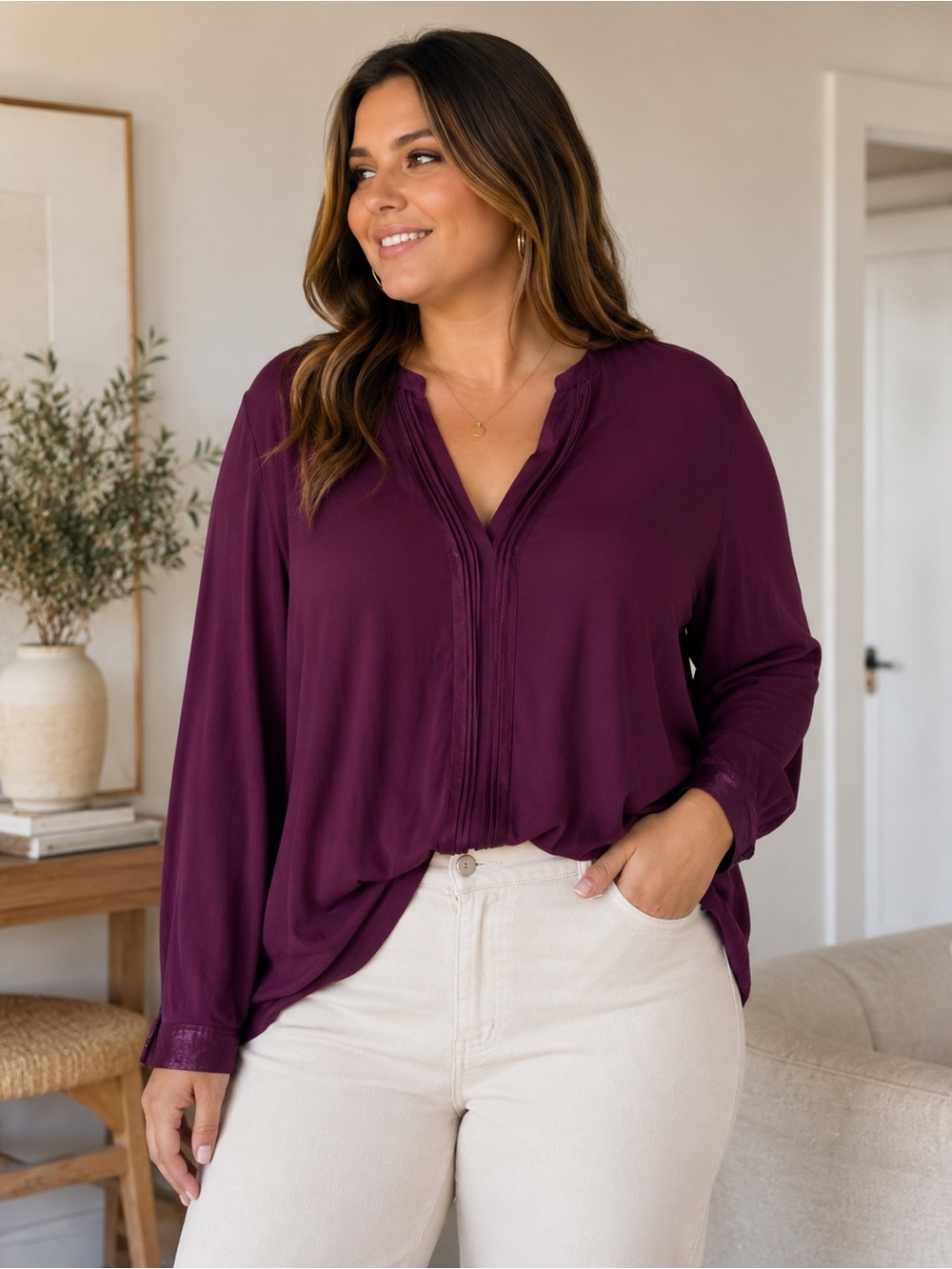 Cupio Deep Plum V-Neck Long Sleeve Blouse